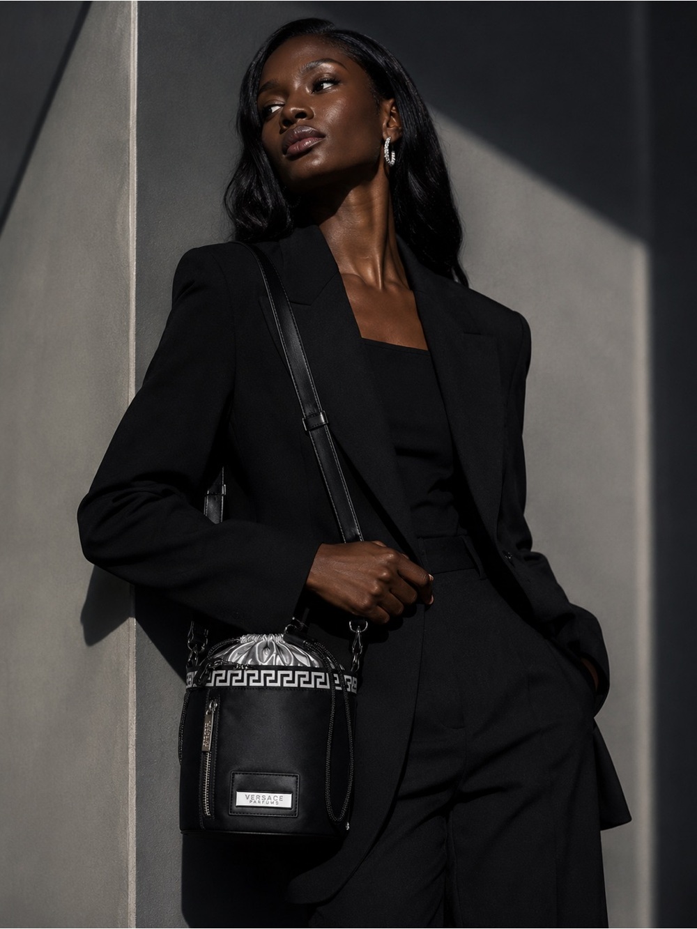 NEW Versace Parfums Greca Nylon Bucket Makeup Crossbody Bag | Black & Silver